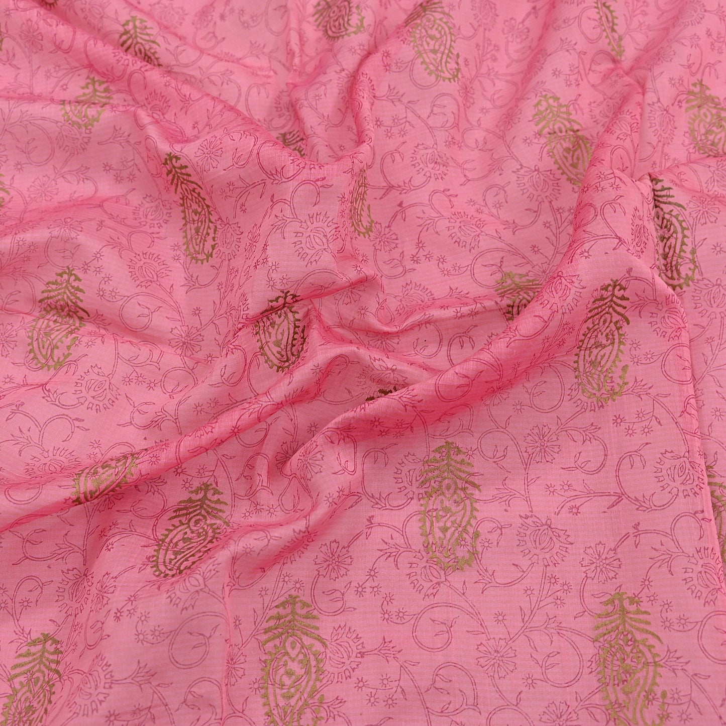 Indian Vintage Dupatta Pink Long Stole Woven Block Painted Pure Chanderi Silk Scarves Veil Golden Zari Floral Design For her