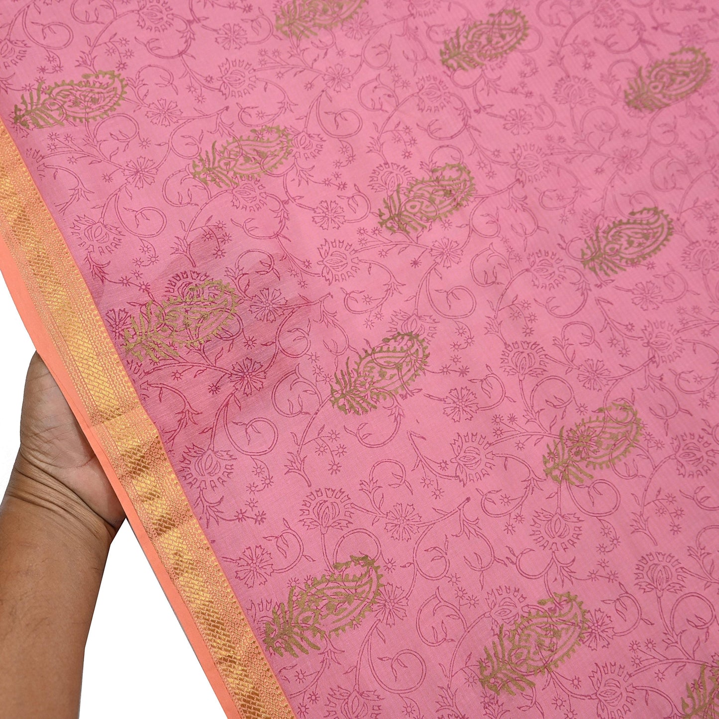Indian Vintage Dupatta Pink Long Stole Woven Block Painted Pure Chanderi Silk Scarves Veil Golden Zari Floral Design For her