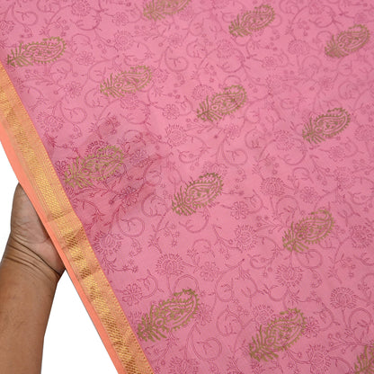 Indian Vintage Dupatta Pink Long Stole Woven Block Painted Pure Chanderi Silk Scarves Veil Golden Zari Floral Design For her