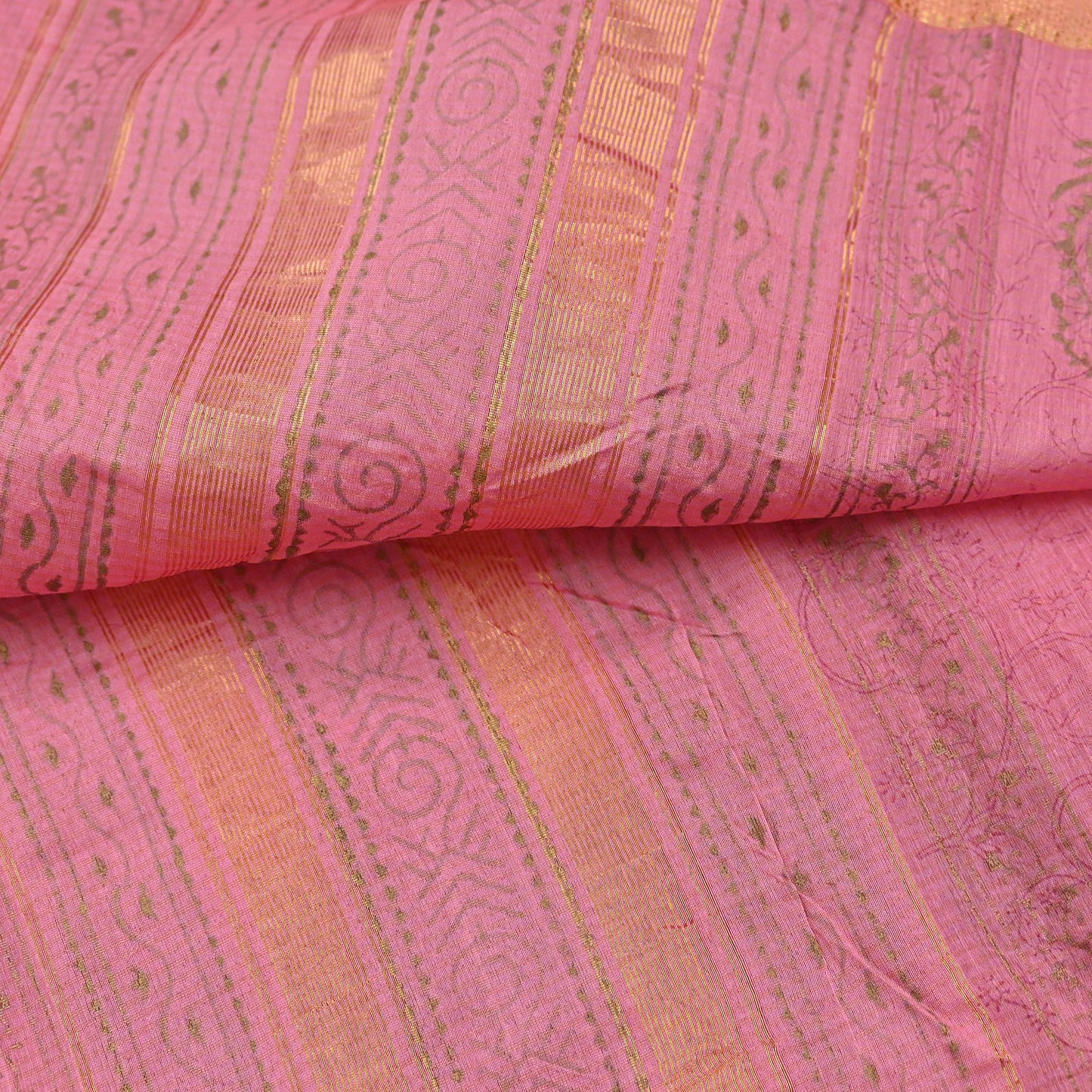 Indian Vintage Dupatta Pink Long Stole Woven Block Painted Pure Chanderi Silk Scarves Veil Golden Zari Floral Design For her