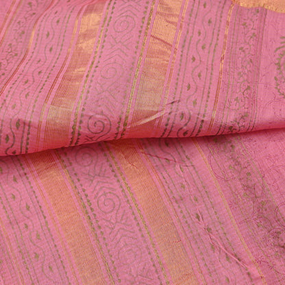 Indian Vintage Dupatta Pink Long Stole Woven Block Painted Pure Chanderi Silk Scarves Veil Golden Zari Floral Design For her