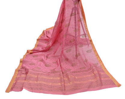 Indian Vintage Dupatta Pink Long Stole Woven Block Painted Pure Chanderi Silk Scarves Veil Golden Zari Floral Design For her