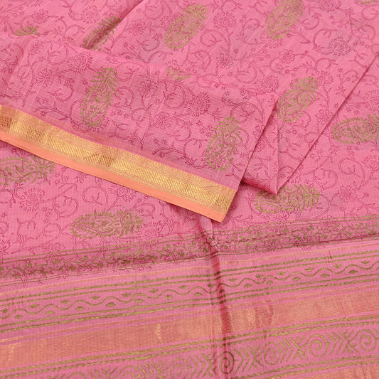 Indian Vintage Dupatta Pink Long Stole Woven Block Painted Pure Chanderi Silk Scarves Veil Golden Zari Floral Design For her
