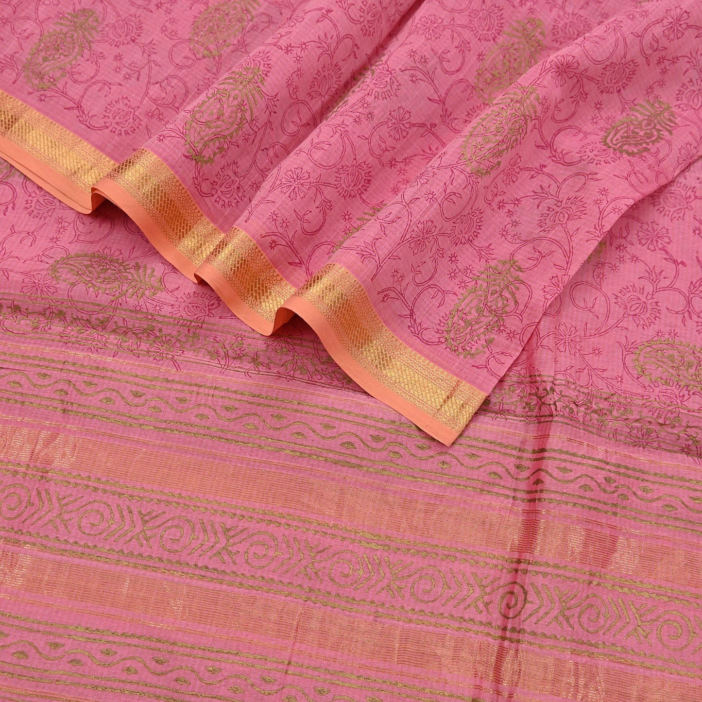 Indian Vintage Dupatta Pink Long Stole Woven Block Painted Pure Chanderi Silk Scarves Veil Golden Zari Floral Design For her