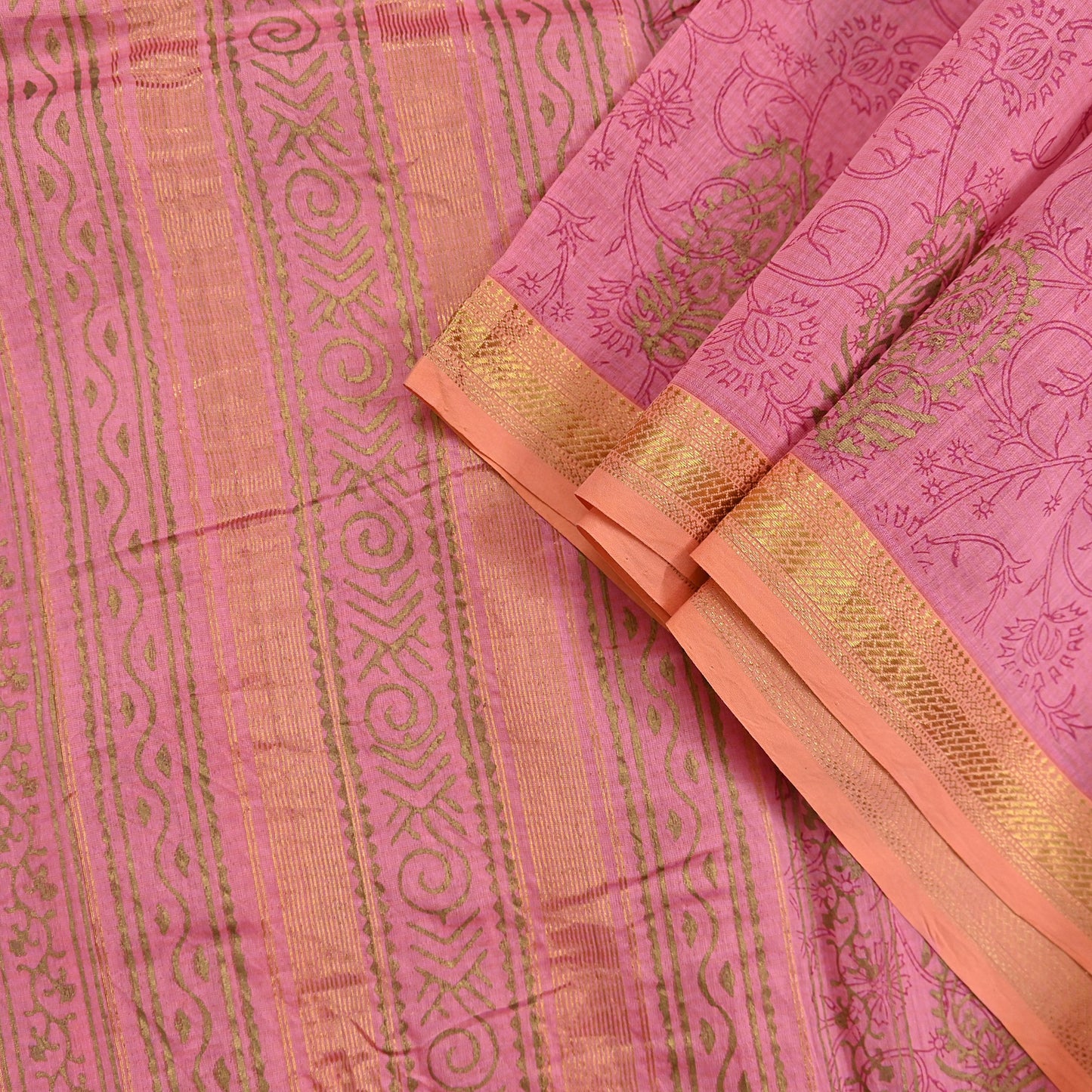 Indian Vintage Dupatta Pink Long Stole Woven Block Painted Pure Chanderi Silk Scarves Veil Golden Zari Floral Design For her