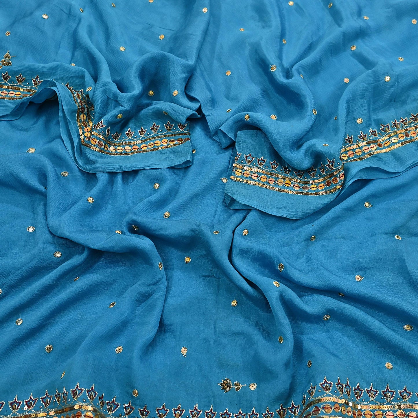 Indian Vintage Blue Dupatta Long Stole Pure Silk Hand Embroidered Scarves Veil Scarf Wrap Hippie Boho
