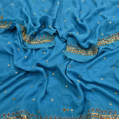 Indian Vintage Blue Dupatta Long Stole Pure Silk Hand Embroidered Scarves Veil Scarf Wrap Hippie Boho