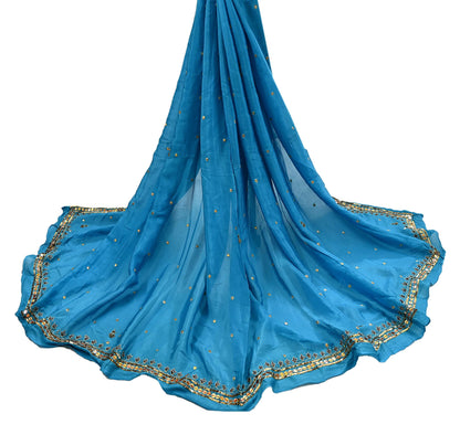 Indian Vintage Blue Dupatta Long Stole Pure Silk Hand Embroidered Scarves Veil Scarf Wrap Hippie Boho