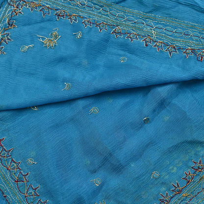 Indian Vintage Blue Dupatta Long Stole Pure Silk Hand Embroidered Scarves Veil Scarf Wrap Hippie Boho