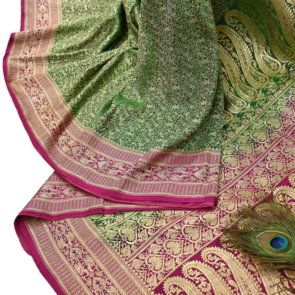 Vintage Banarasi Silk Saree Green & Purple Heavy Satin Silk Brocade Fabric Golden Zari Bridal Wedding Crafting 5Yard
