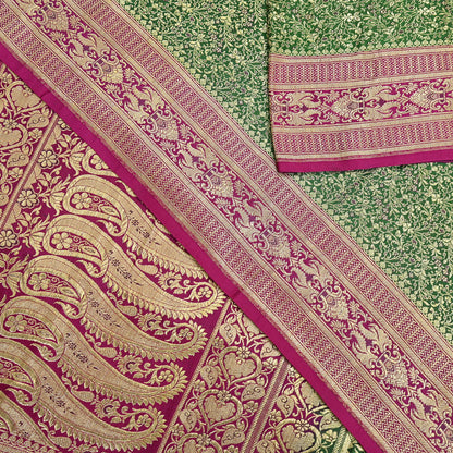 Vintage Banarasi Silk Saree Green & Purple Heavy Satin Silk Brocade Fabric Golden Zari Bridal Wedding Crafting 5Yard