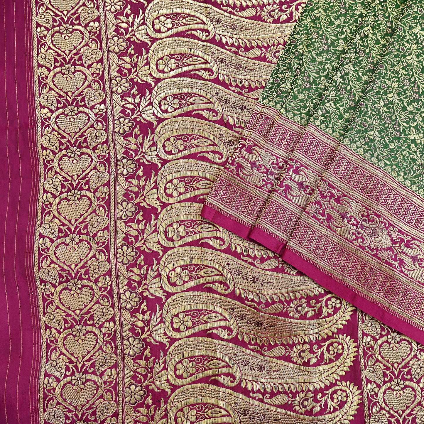 Vintage Banarasi Silk Saree Green & Purple Heavy Satin Silk Brocade Fabric Golden Zari Bridal Wedding Crafting 5Yard