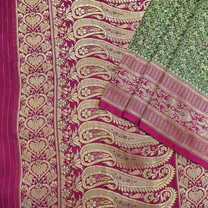Vintage Banarasi Silk Saree Green & Purple Heavy Satin Silk Brocade Fabric Golden Zari Bridal Wedding Crafting 5Yard