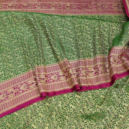 Vintage Banarasi Silk Saree Green & Purple Heavy Satin Silk Brocade Fabric Golden Zari Bridal Wedding Crafting 5Yard
