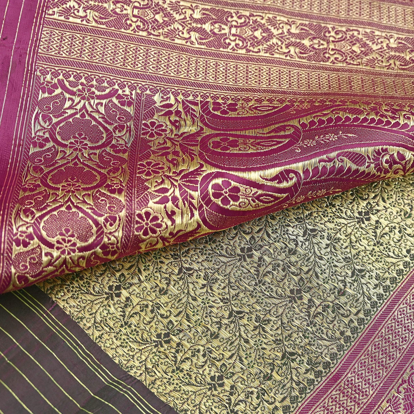 Vintage Banarasi Silk Saree Green & Purple Heavy Satin Silk Brocade Fabric Golden Zari Bridal Wedding Crafting 5Yard