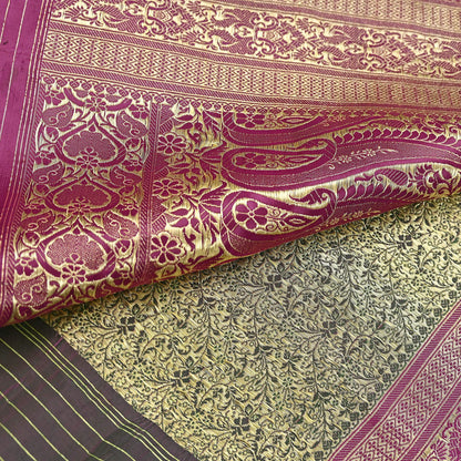 Vintage Banarasi Silk Saree Green & Purple Heavy Satin Silk Brocade Fabric Golden Zari Bridal Wedding Crafting 5Yard