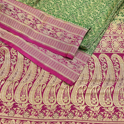 Vintage Banarasi Silk Saree Green & Purple Heavy Satin Silk Brocade Fabric Golden Zari Bridal Wedding Crafting 5Yard