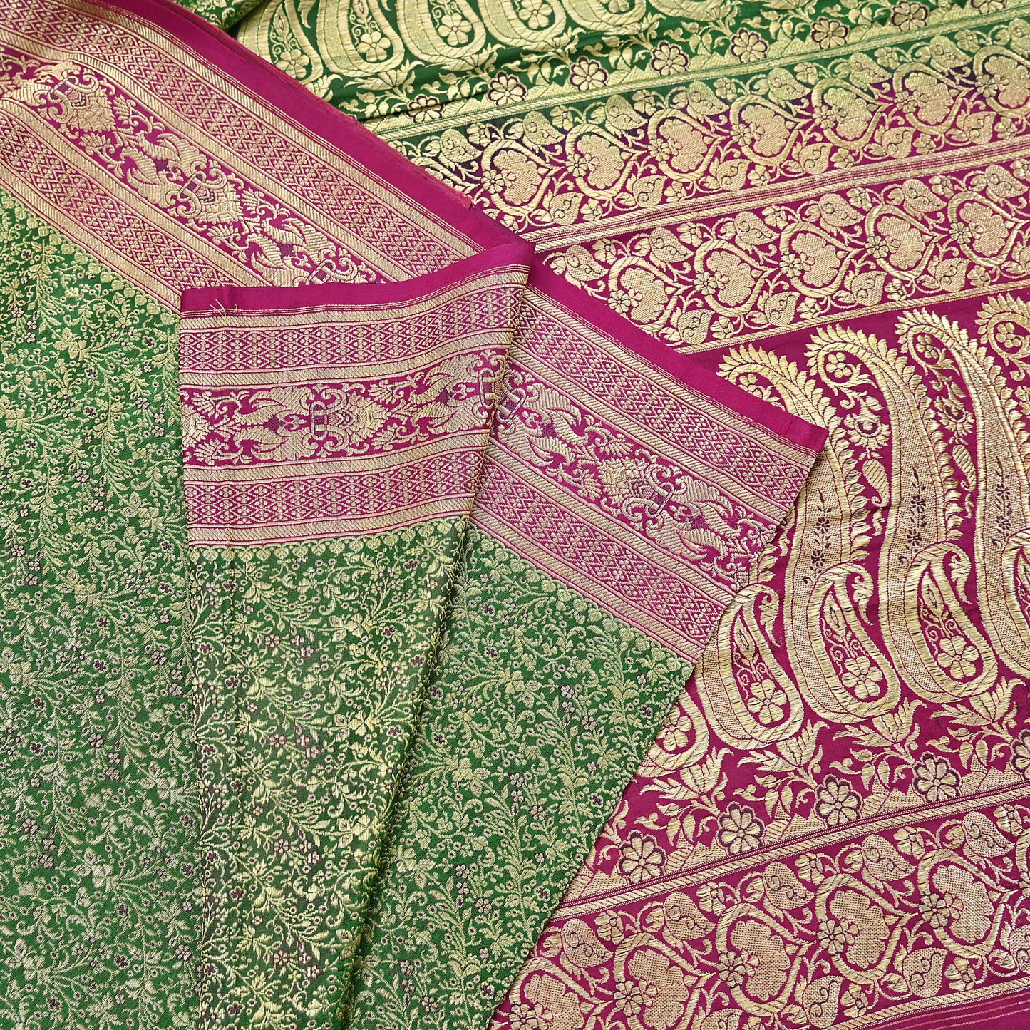 Vintage Banarasi Silk Saree Green & Purple Heavy Satin Silk Brocade Fabric Golden Zari Bridal Wedding Crafting 5Yard