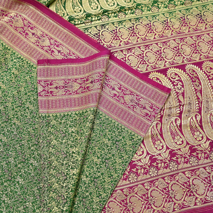Vintage Banarasi Silk Saree Green & Purple Heavy Satin Silk Brocade Fabric Golden Zari Bridal Wedding Crafting 5Yard