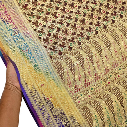 Indian Vintage Sari Heavy Brown Pure Organza Silk Woven Brocade Banarasi Sarees Zari 5Yd Ethnic Fabric Dress Making Wedding Sarees