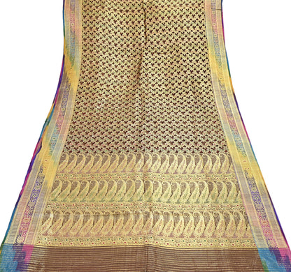 Indian Vintage Sari Heavy Brown Pure Organza Silk Woven Brocade Banarasi Sarees Zari 5Yd Ethnic Fabric Dress Making Wedding Sarees