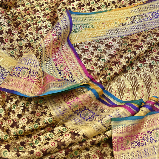 Indian Vintage Sari Heavy Brown Pure Organza Silk Woven Brocade Banarasi Sarees Zari 5Yd Ethnic Fabric Dress Making Wedding Sarees