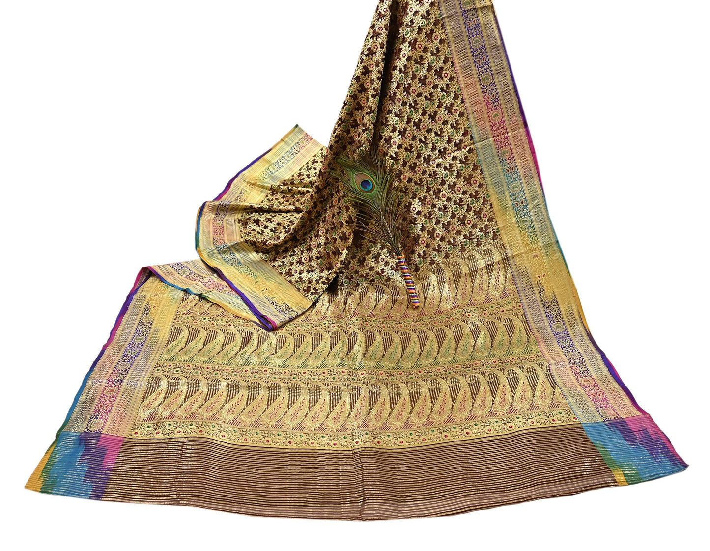 Indian Vintage Sari Heavy Brown Pure Organza Silk Woven Brocade Banarasi Sarees Zari 5Yd Ethnic Fabric Dress Making Wedding Sarees