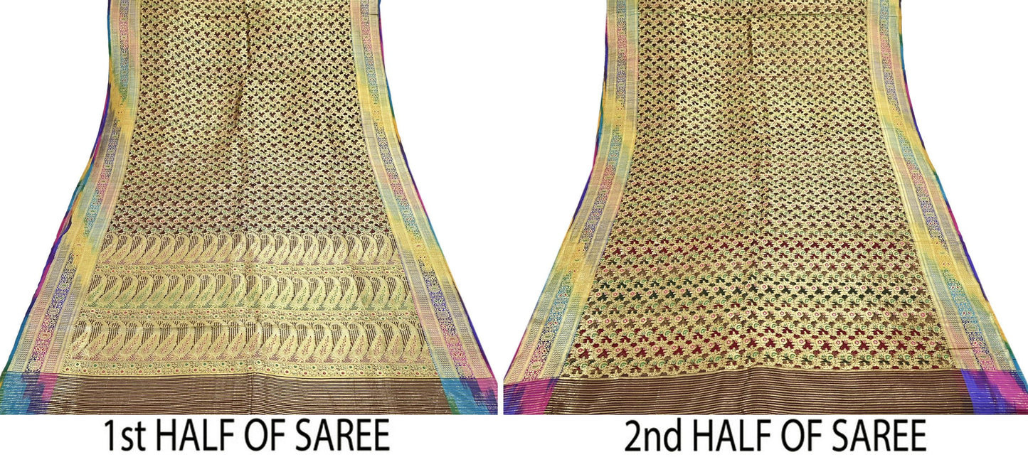 Indian Vintage Sari Heavy Brown Pure Organza Silk Woven Brocade Banarasi Sarees Zari 5Yd Ethnic Fabric Dress Making Wedding Sarees