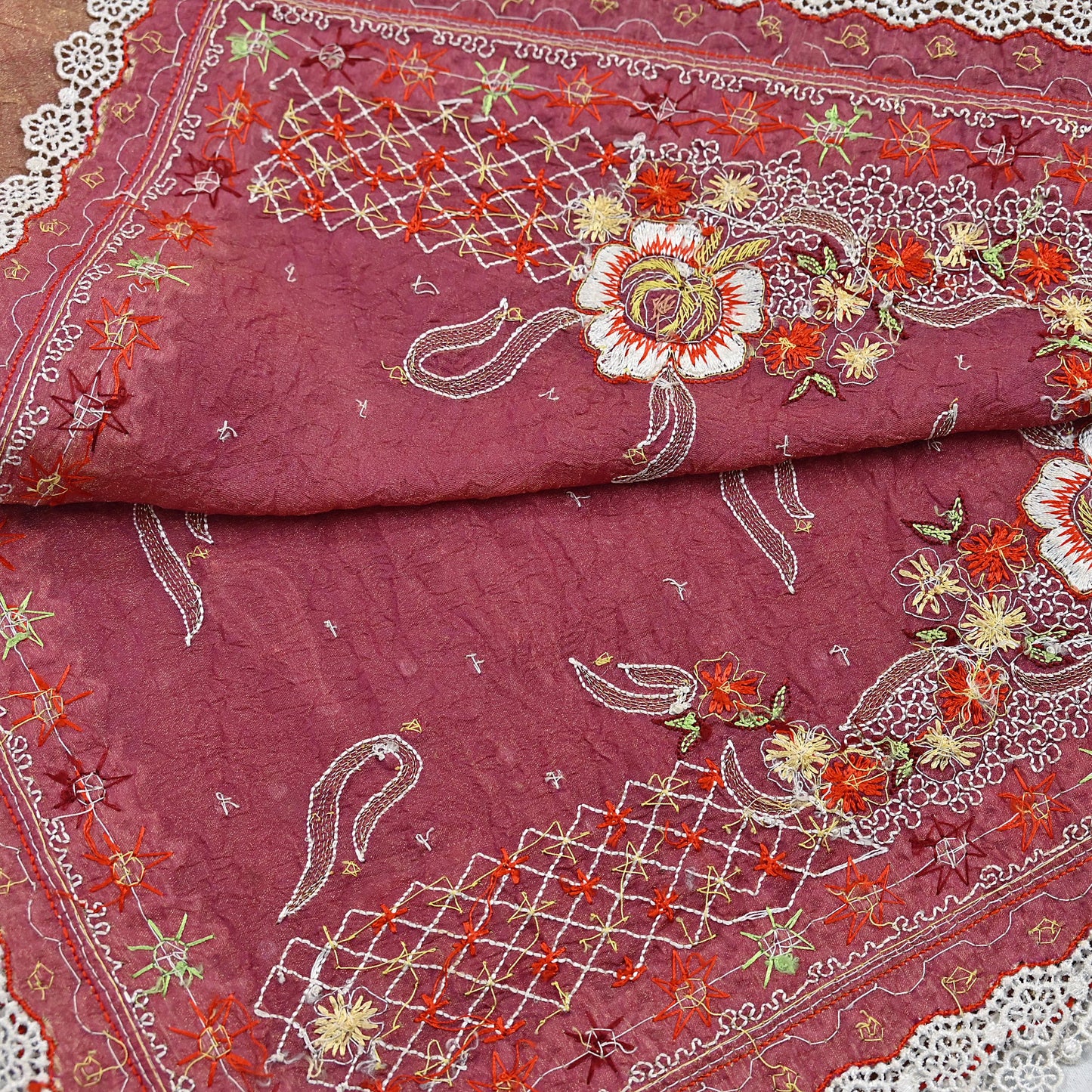 Indian Vintage Heavy Dupatta Golden Peach Pure Georgette Silk Long Stole Hand Embroidered Scarf Zardozi/Dabka Zari Wedding/Party Dupatta