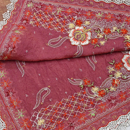 Indian Vintage Heavy Dupatta Golden Peach Pure Georgette Silk Long Stole Hand Embroidered Scarf Zardozi/Dabka Zari Wedding/Party Dupatta
