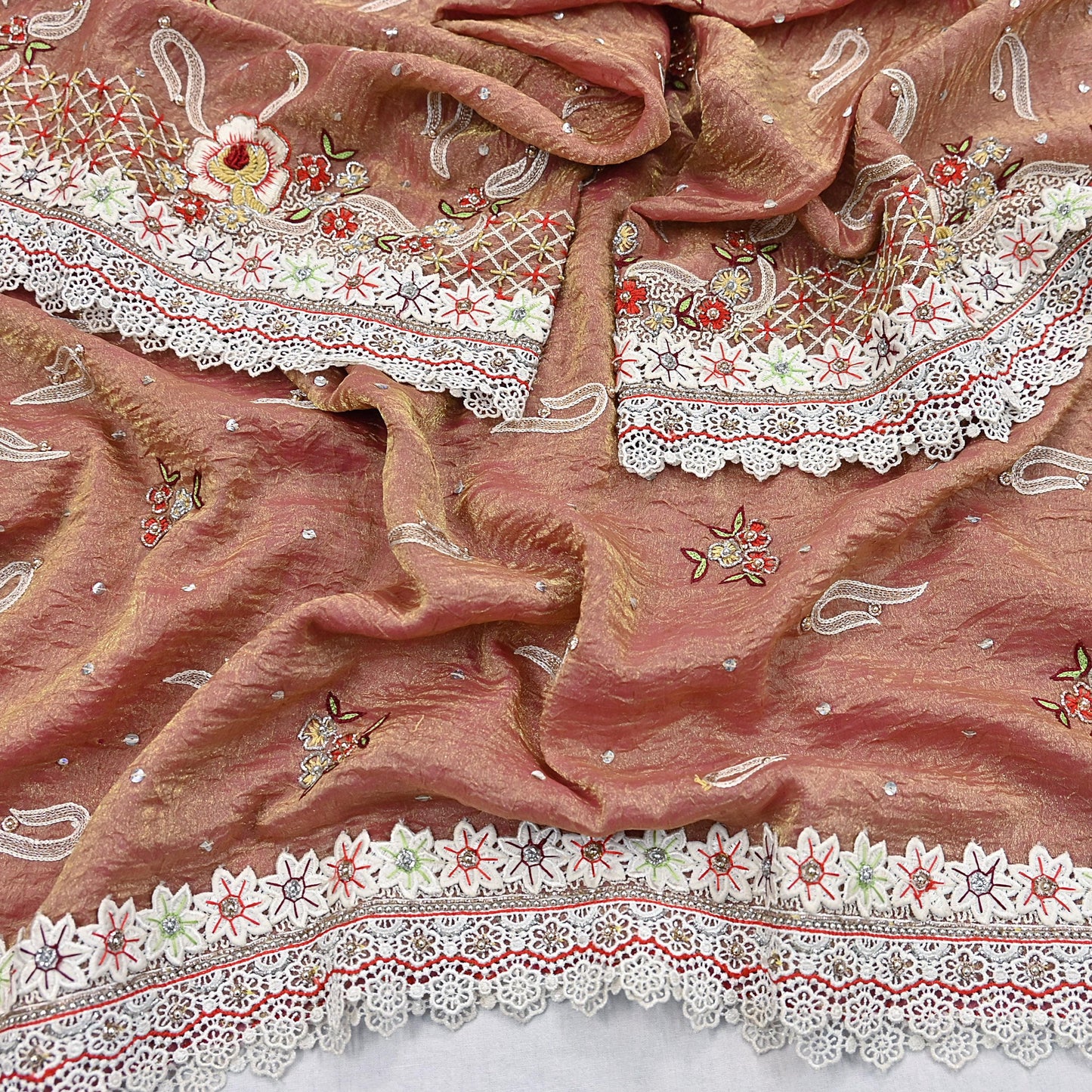 Indian Vintage Heavy Dupatta Golden Peach Pure Georgette Silk Long Stole Hand Embroidered Scarf Zardozi/Dabka Zari Wedding/Party Dupatta