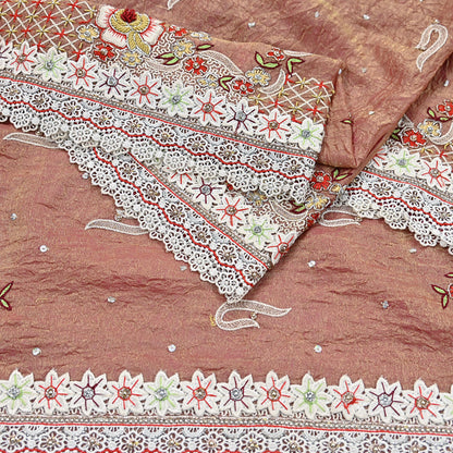 Indian Vintage Heavy Dupatta Golden Peach Pure Georgette Silk Long Stole Hand Embroidered Scarf Zardozi/Dabka Zari Wedding/Party Dupatta