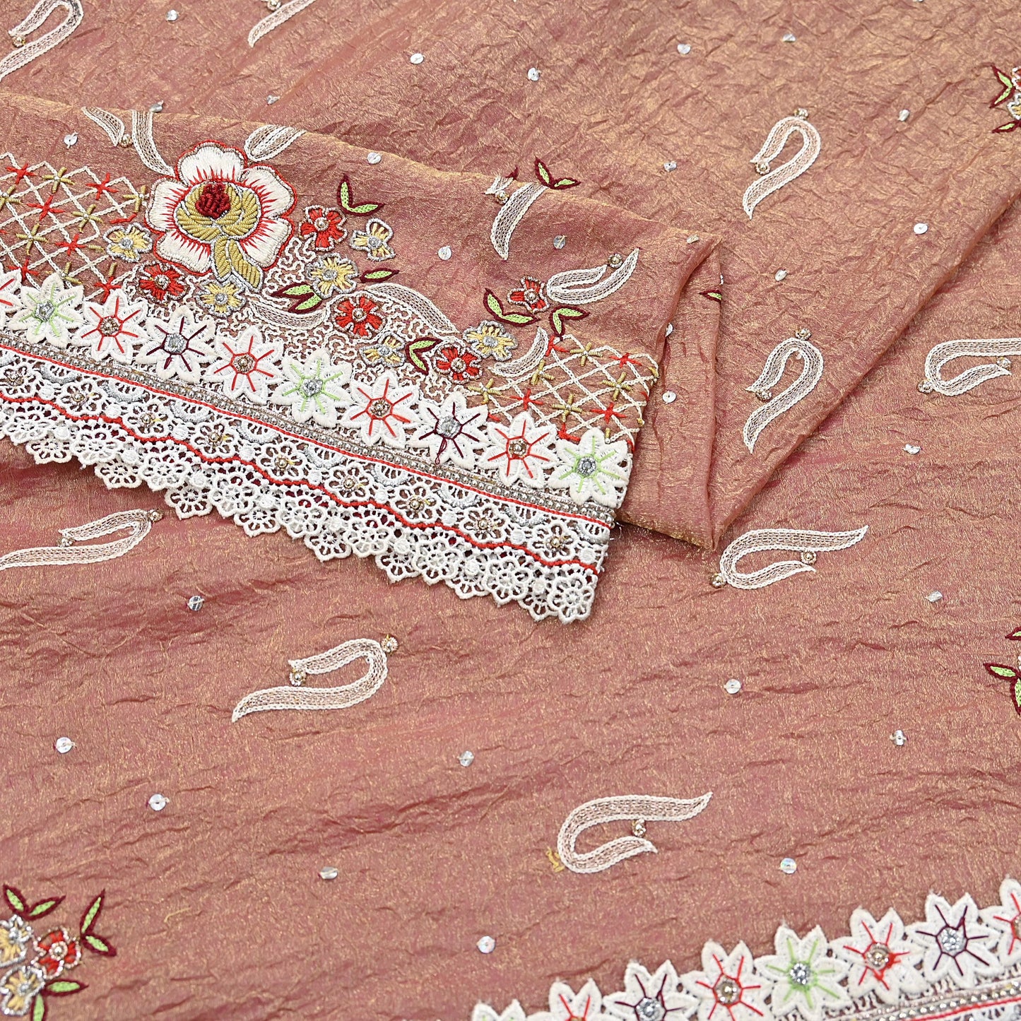 Indian Vintage Heavy Dupatta Golden Peach Pure Georgette Silk Long Stole Hand Embroidered Scarf Zardozi/Dabka Zari Wedding/Party Dupatta