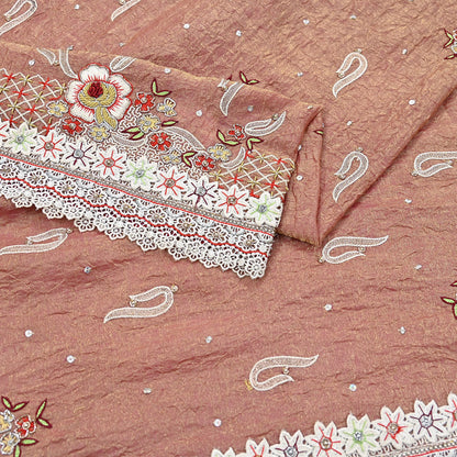 Indian Vintage Heavy Dupatta Golden Peach Pure Georgette Silk Long Stole Hand Embroidered Scarf Zardozi/Dabka Zari Wedding/Party Dupatta