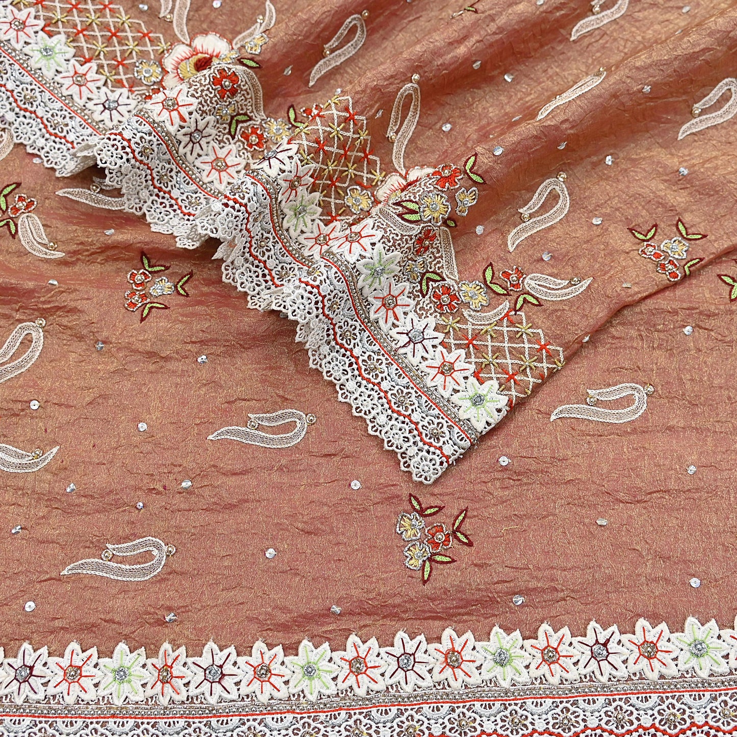 Indian Vintage Heavy Dupatta Golden Peach Pure Georgette Silk Long Stole Hand Embroidered Scarf Zardozi/Dabka Zari Wedding/Party Dupatta