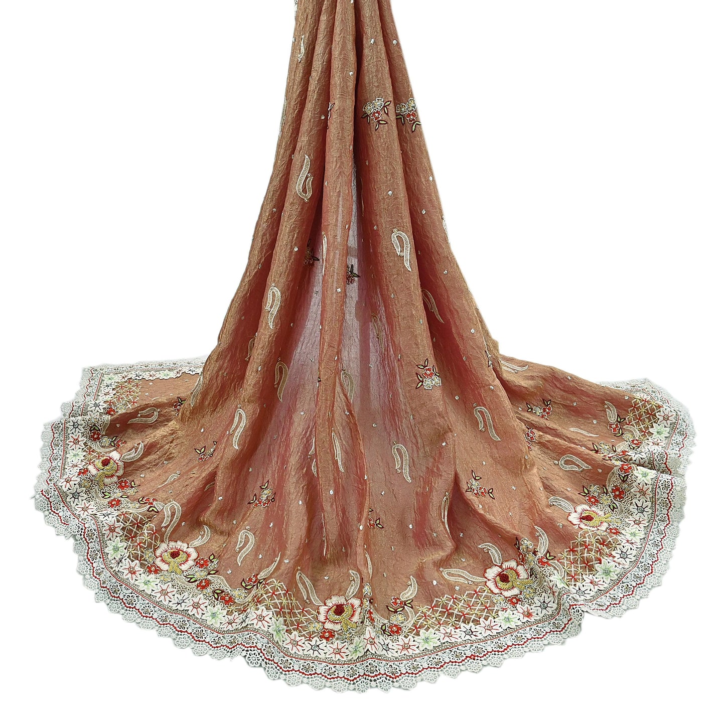 Indian Vintage Heavy Dupatta Golden Peach Pure Georgette Silk Long Stole Hand Embroidered Scarf Zardozi/Dabka Zari Wedding/Party Dupatta
