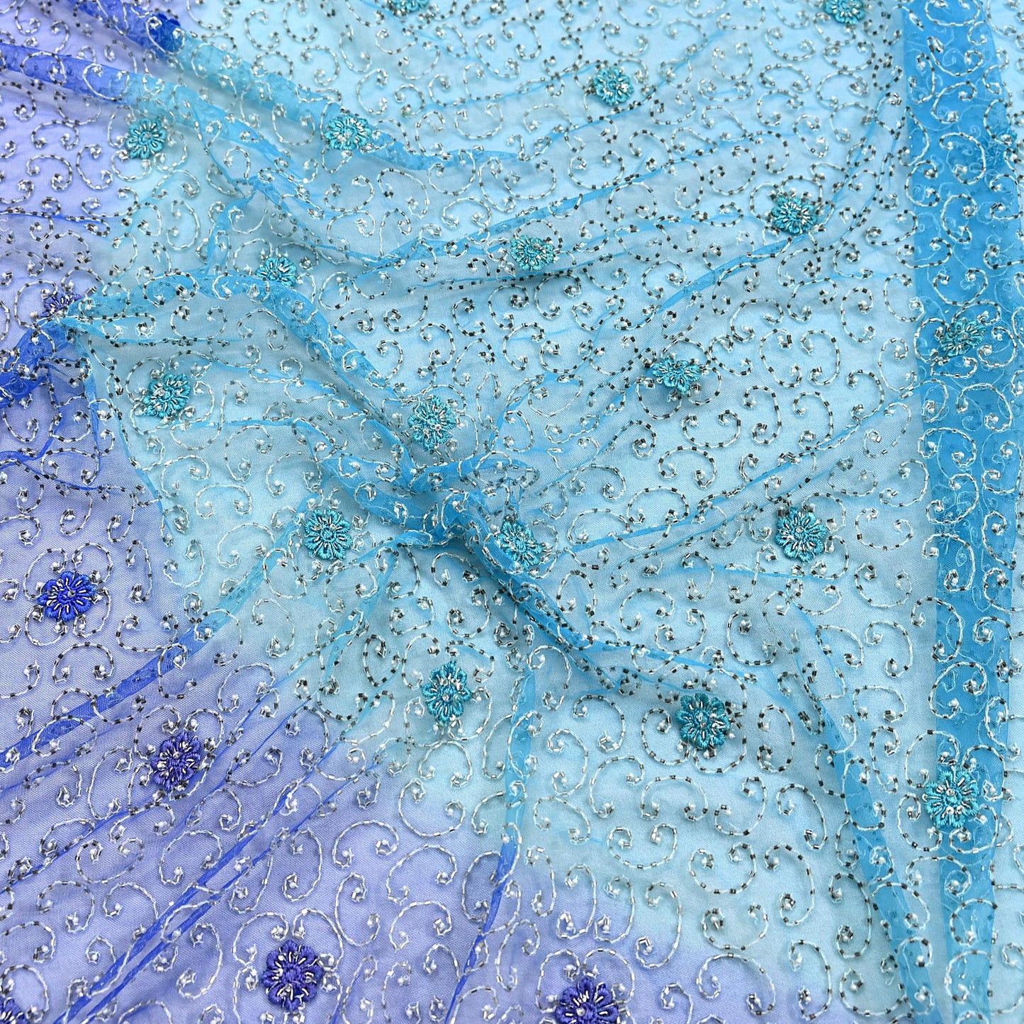 Indian Vintage Heavy Blue Dupatta Net Mesh Long Stole Hand Embroidered Scarf Zardozi Zari Sequins Stole Bridal Veil