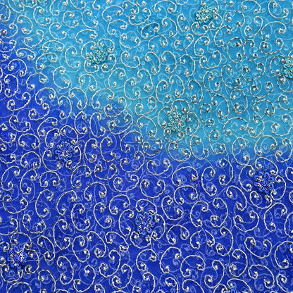 Indian Vintage Heavy Blue Dupatta Net Mesh Long Stole Hand Embroidered Scarf Zardozi Zari Sequins Stole Bridal Veil