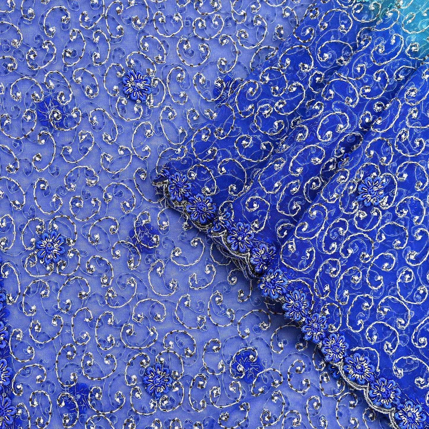 Indian Vintage Heavy Blue Dupatta Net Mesh Long Stole Hand Embroidered Scarf Zardozi Zari Sequins Stole Bridal Veil