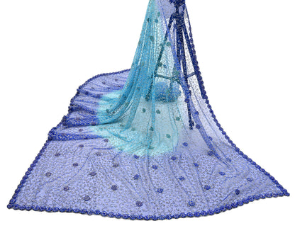 Indian Vintage Heavy Blue Dupatta Net Mesh Long Stole Hand Embroidered Scarf Zardozi Zari Sequins Stole Bridal Veil