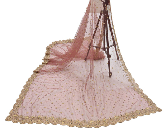 Indian Vintage Heavy Pink Dupatta Net Mesh Long Stole Hand Embroidered Scarves golden Zardozi Dabka Zari Sequins
