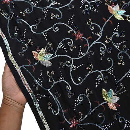 Indian Vintage Black Saree Pure Crepe Silk Hand Embroidered Sari Craft Fabric 5Yd Sewing Soft Zardozi/Dabka Sequins Wedding/Bridal Sarees