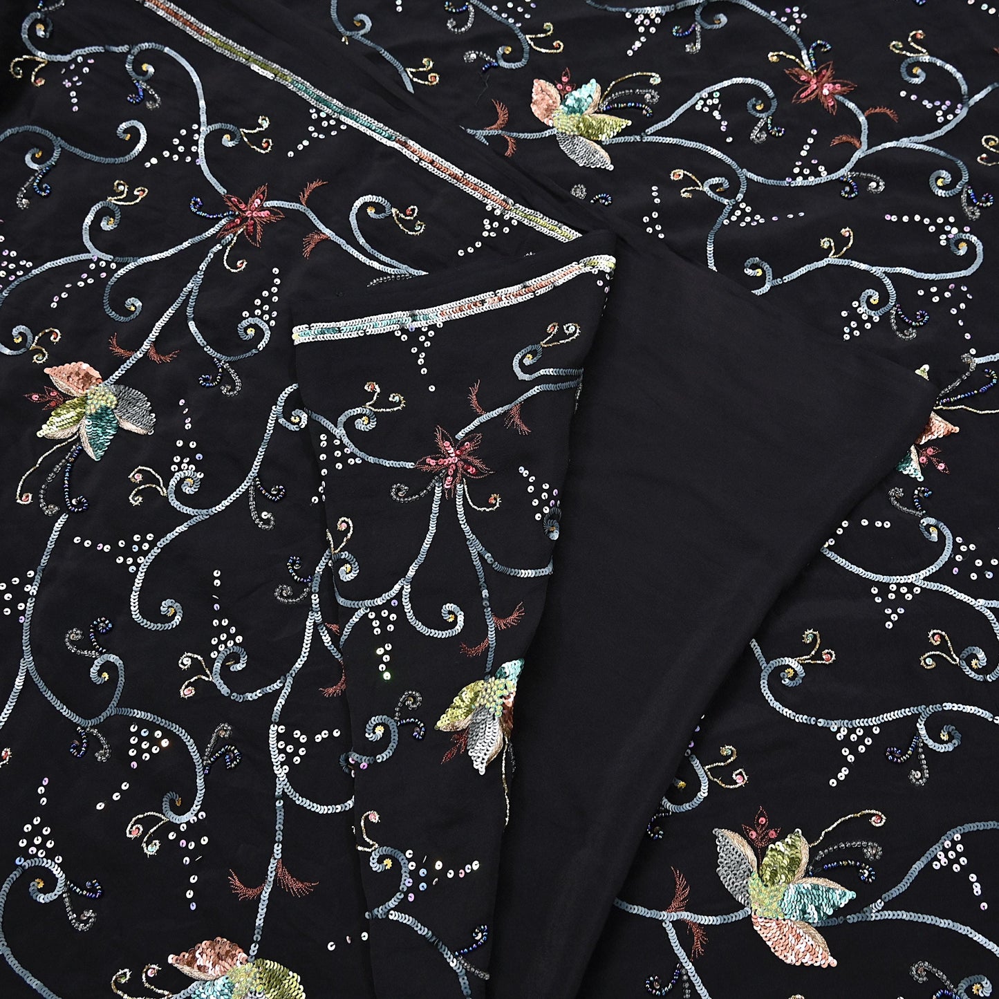 Indian Vintage Black Saree Pure Crepe Silk Hand Embroidered Sari Craft Fabric 5Yd Sewing Soft Zardozi/Dabka Sequins Wedding/Bridal Sarees