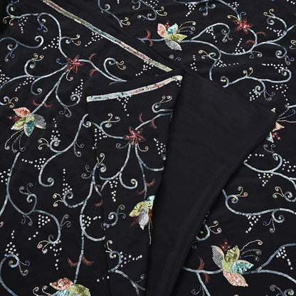 Indian Vintage Black Saree Pure Crepe Silk Hand Embroidered Sari Craft Fabric 5Yd Sewing Soft Zardozi/Dabka Sequins Wedding/Bridal Sarees