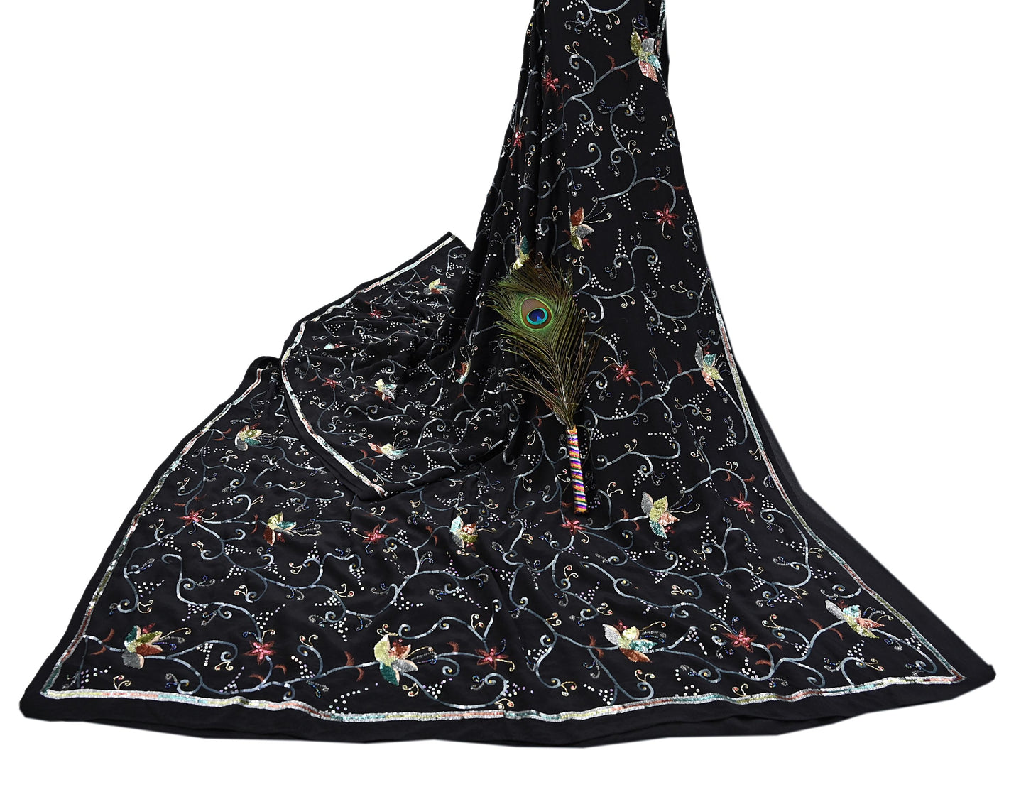 Indian Vintage Black Saree Pure Crepe Silk Hand Embroidered Sari Craft Fabric 5Yd Sewing Soft Zardozi/Dabka Sequins Wedding/Bridal Sarees