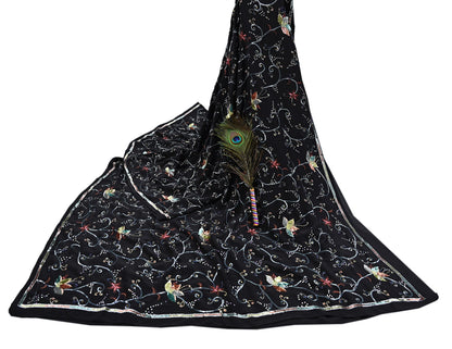 Indian Vintage Black Saree Pure Crepe Silk Hand Embroidered Sari Craft Fabric 5Yd Sewing Soft Zardozi/Dabka Sequins Wedding/Bridal Sarees