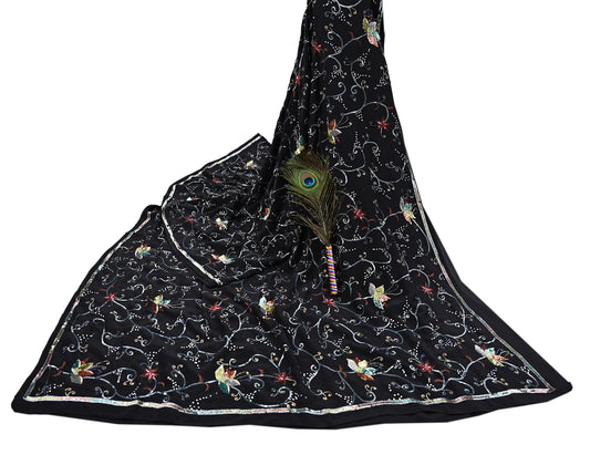 Indian Vintage Black Saree Pure Crepe Silk Hand Embroidered Sari Craft Fabric 5Yd Sewing Soft Zardozi/Dabka Sequins Wedding/Bridal Sarees
