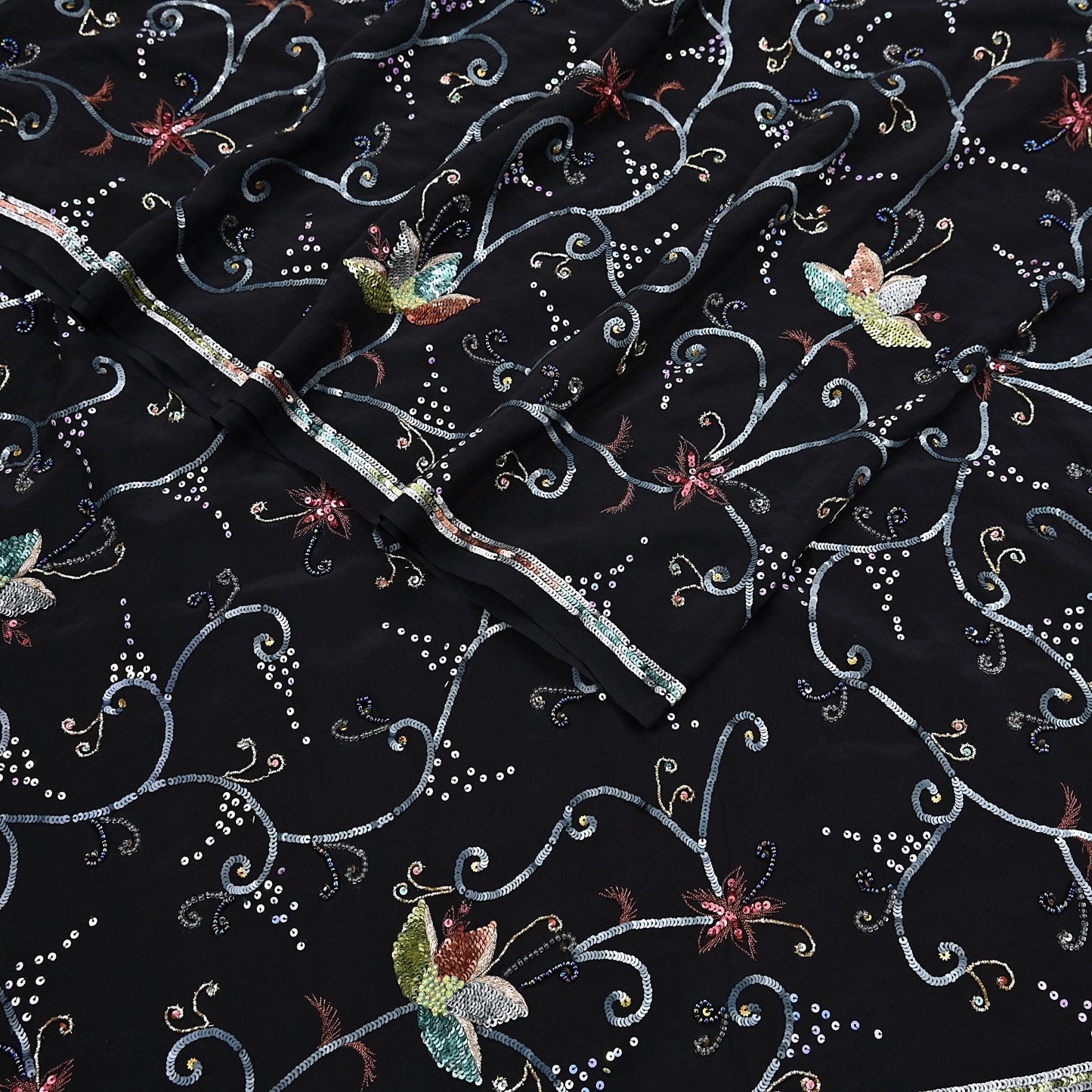 Indian Vintage Black Saree Pure Crepe Silk Hand Embroidered Sari Craft Fabric 5Yd Sewing Soft Zardozi/Dabka Sequins Wedding/Bridal Sarees