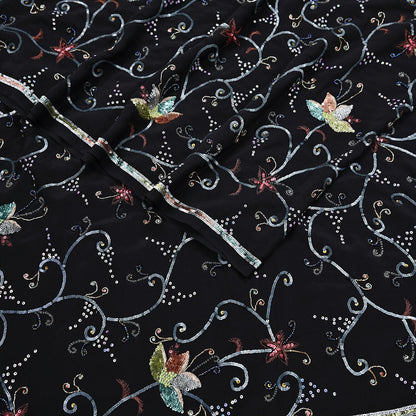 Indian Vintage Black Saree Pure Crepe Silk Hand Embroidered Sari Craft Fabric 5Yd Sewing Soft Zardozi/Dabka Sequins Wedding/Bridal Sarees