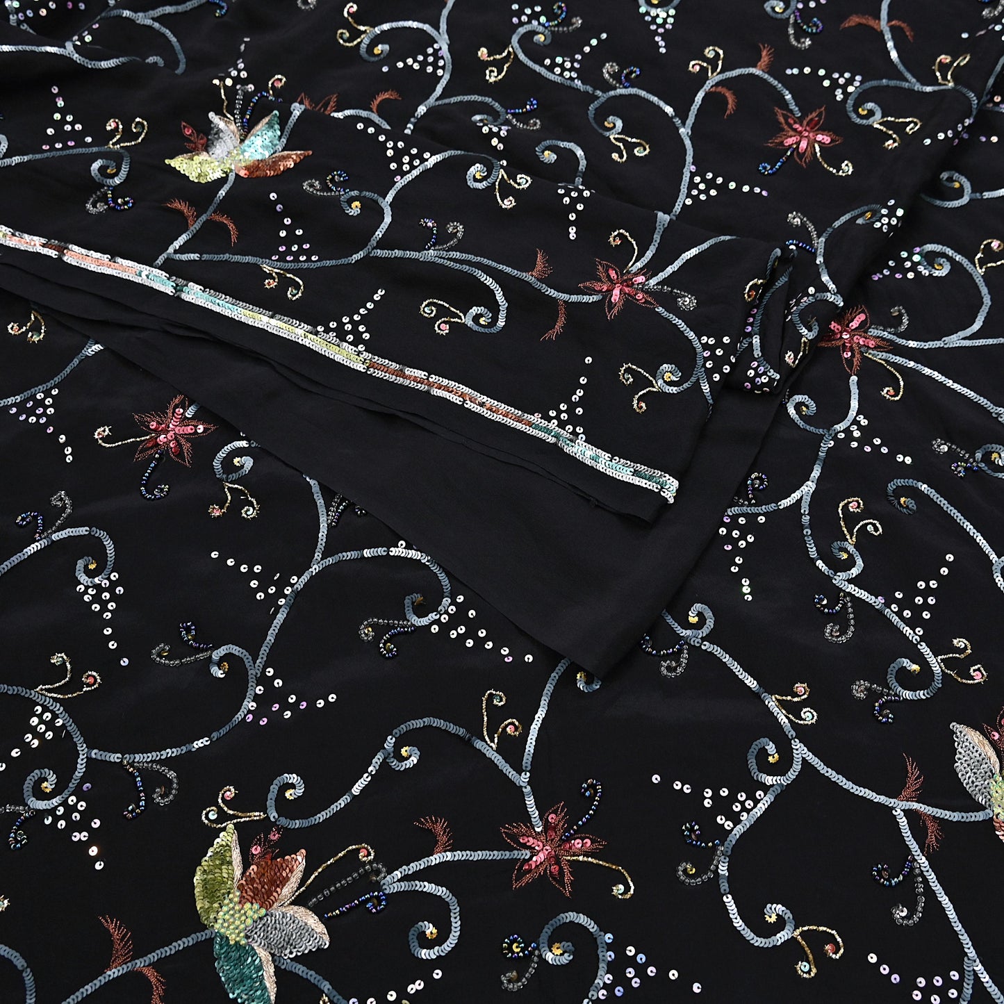 Indian Vintage Black Saree Pure Crepe Silk Hand Embroidered Sari Craft Fabric 5Yd Sewing Soft Zardozi/Dabka Sequins Wedding/Bridal Sarees